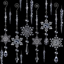 Giegxin 32 Pcs Crystal Christmas Ornaments Crystal Hanging Snowflakes Acrylic Xmas Tree Icicle Drop Crystal Decorations with Hooks for Christmas Snow Party Winter (Transparent)