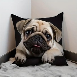Decorative Pug Dog Throw Cushion Pillow Cover, 45cm x 45cm, Black Background Lovely Gift For Dog Owner or Sympathy Gift Get Well Gift, No Insert Cover Only
