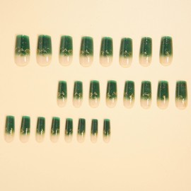 MERVF Long Square Press on Nails Deep Green Ombre French Tip Fake Nails Gold Design Glue ons Squoval Acrylic Nail Luxury Manicure Supplies Art DIY Glossy 24pcs