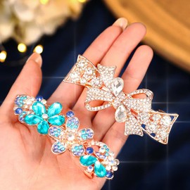 CASDRE Sparkly Crystal Hair Barrettes Gold Rhinestone Vintage French Hair Clips Glitter Flower Bow Hair Accessories for Women (Pack of 2) (Blue and White, One Size)