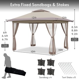 Rotihom Pop Up Gazebo 12x12 with Mosquito Netting, 4-Step Quick Setup Canopy Tent, Double Roof 10x10 Frame Design, 4 Sandbags & Wind Ropes Include Outdoor Gazebo Tent for Patio, Backyard (Mix Khaki)