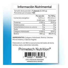 Biotina Orgánica 120 Cápsulas De 300 Mcg Suplemento Bio C300 Primetech De Alta Pureza Con Colageno Hidrolizado, Fortalece Piel, Cabello Y Uñas, Sin Sabor