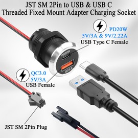 QIANRENON JST SM 2P to USB + USB C Threaded Fixed Mount Charging Connector Cable JST SM 2Pin Plug to USB & Type C Female Flush Mounting Adapter Socket QC3.0 PD20W, for Furniture Desktop, 45cm/17.7in