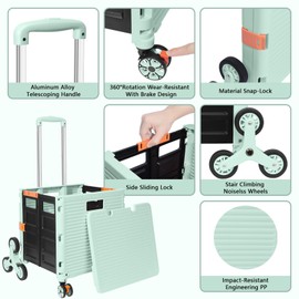 FELICON SELORSS Folding Utility Cart Portable Rolling Crate Handcart with Stair Climbing Wheels&360°Swivel Wheels Telescoping Handle Plastic Box Dolly for Travel Shop Move Office Teacher Use(Green)