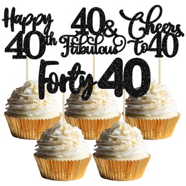 Paquete de 30 decoraciones para cupcakes de 40 cumpleaños con purpurina negra para decoración de tartas de 40 cumpleaños a 40 años de edad