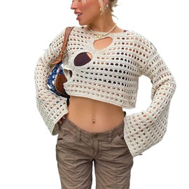 ZZLBUF Women's Hollow Out Crochet Knit Sweater Crop Tops Long Sleeve Sweater Cropped Jumper Cover Up Pullover Tops Y2K Streetwear (01-Beige,S)