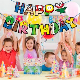 NUMJAW Game Bro Birthday Banner Birthday Decorations,Game Characters Theme Super Cartoon Birthday Party Supplies Party Favors,Video Game Theme Birthdays and Adventures Birthday Decorations