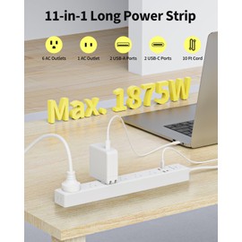 Maxpw 10 Ft Power Strip Surge Protector - 7 Outlets 4 USB Ports (2 USB C), Ultra Thin Flat Extension Cord & Flat Plug, 1700 Joules, Wall Mount, Desk Charging Station for Home Office Dorm, White