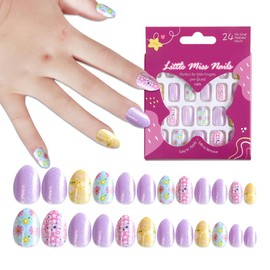 Kids Press on Nails Almond Fake Nails Short Cute Flower Star False Nails Adhesive Purple Glitter Glossy Acrylic Artificial Nails for Children Manicure Supplies 24 Pcs