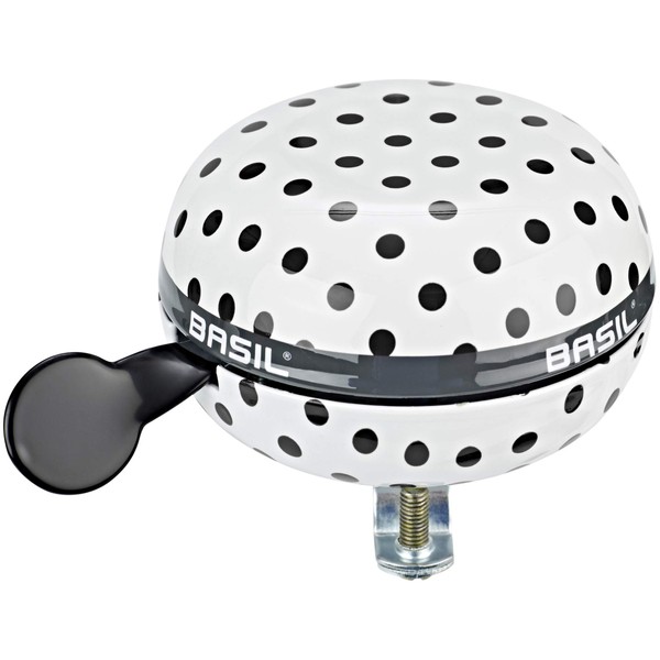 Basil Polkadot Big Bicycle Bell - Ding Dong - 80mm - White With Black Dots