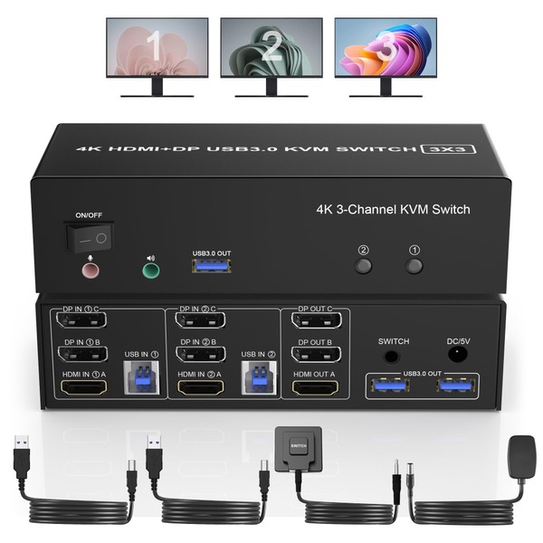 HDMI + 2 Displayport USB 3.0 KVM Switch Triple Monitor for 2 Computers, 4K@60Hz KVM Switch 2 Computers x 3 Monitors with Audio Microphone Output and 3 USB 3.0 Ports, Keyboard Mouse Switcher