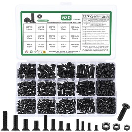 580 Pcs M3 M4 M5 Screws and Nuts Set, Countersunk Bolts and Nuts Assortment, Black Phillips Flat Head Machine Screws with Washers Set(M3 M4 M5 Screw Kit, Black)