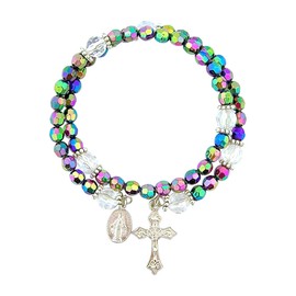CB Catholic Purple Wrap Style Rosary Bracelet with Dangle Crucifix & Miraculous Medal, Beaded, 8"