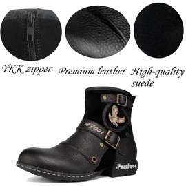 Psanfawq Motorcycle Boots Men Waterproof Leather -Retro Moto Biker Boots with Zip Up & Harness, Riding Combat Boots for Men Casual & Daily Wear,Black,8,AF001