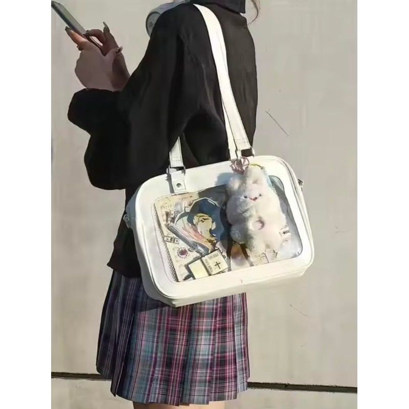 Women's Spacious Kawaii White Crossbody Ita Bag with Mesh Pin
