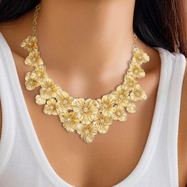Flyonce Collar con collar de flores doradas, hipoalergénicos, ligeros, de metal dorado, florales, gruesos, para verano, playa, día festivo, joyería para mujer, Metal, Sin piedra preciosa