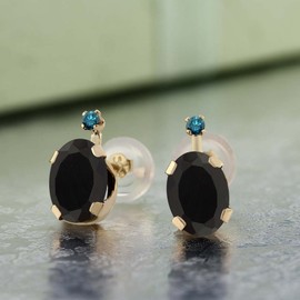 Gem Stone King 14K Yellow Gold Black Onyx and White Diamond Earrings For Women (1.37 Cttw, Gemstone December Birthstone, Oval 7X5MM)
