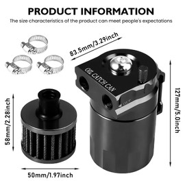 Ölauffangbehälter mit Luftfilter, 400ml Oil Catch Can, Aluminium Ölauffangbehälter, Oil Catch Tank, Auto Reservoir with Accessories, 3/8" Fuel Line Included(Schwarz)