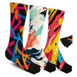 SnuYucto Funny Toe Socks for Men and Women | 3 Pairs Pack | Abstract Graffiti Five Finger Barefoot Socks | Novelty Giftable Printed Socks for Running | One Size 9-13 Fits All