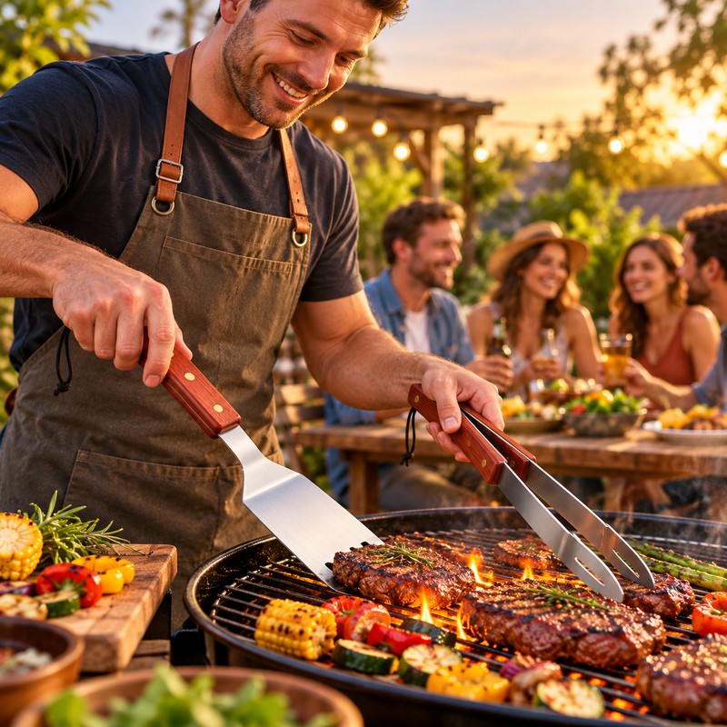 3-Piece Stainless Steel BBQ Tool Set with Rosewood Handles –