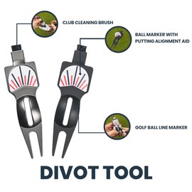 Golf Divot Tool and Ball Marker with Putting Alignment Aid | Integrated Golf Club Cleaning Brush and Ball Line Marker | Ergonomic, Lightweight Design (Matte Black)