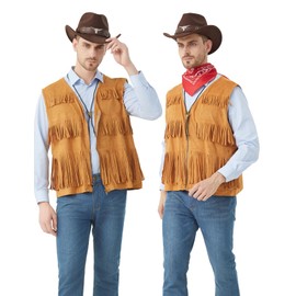 Hislovy Cowboy Costume Men's Western Cowboy Outfit with Hat Bandana Necklace for Wild West Hippie Party, Khaki, S