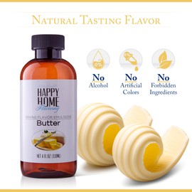 Happy Home Imitation Butter Bakery Emulsion Adds a Creamy, Rich, Buttery Flavor to Your Baking, Perfect for Cakes, Cookies, Frostings & More, No Alcohol, Certified Kosher, Made in USA, 4 Oz