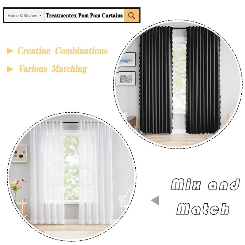 Pom-Pom Sheer White Curtains for Living Room 72" Drop Breathable