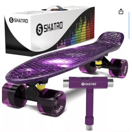 Skatro Mini Cruiser Skateboard. 22x6inch Retro Style Plastic Board Comes Complet