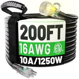 POWGRN 200FT 16 Gauge Black Outdoor Extension Cord Waterproof, 3 Prong Flexible Cold Weatherproof -58℉ Extension Cord, 10 AMP 1250W SJTW, ETL Listed