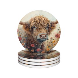 Drinks Coasters Set of 4, Highland Cow Wildflowers Round 4" Cup Coasters, Absorbent Ceramic Stone Coasters with Cork Base, Cute Coasters for Table Home Décor, Ideal Gifts for Women Men