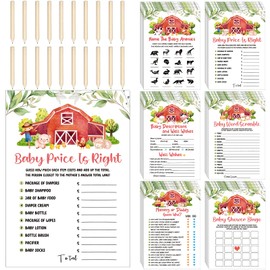 Nuanchu 150 Pcs Watercolor Baby Shower Games Set Farm Animals 6 Games with 20 Pieces Pencils for Baby Shower Activities Include Descriptions, Guess Who, Price, Bingo Game, Word Scramble Game