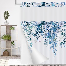 XZTXBest No Hook Shower Curtain with Snap in Liner,Plants Dark Blue Beige Flower Shower Curtain with See Through Top Window, Waterproof & Machine Washable,Shower Curtains for Bathroom 71Wx74H