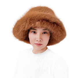Lina & Lily Oversized Winter Faux Fur Bucket Hat for Women - Long Pile Fur Wide Moldable Brim (Light Brown)