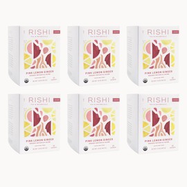 Rishi Tea Pink Lemon Ginger Herbal Tea, Organic Direct Trade Sachet Tea Bags, Certified Kosher, Caffeine Free Juicy and Zesty with Shiso, 15 Count (Pack of 6)