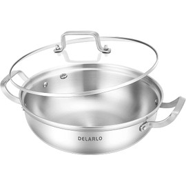DELARLO Tri-Ply Stainless Steel 13 inch Everyday Pan with Glass Lid, Deep Saute Pan, High Side Kitchen Cooking Pot, Chef's Pans, Induction Deep Frying Pan, 5QT Stock Pot, Up to 550℉