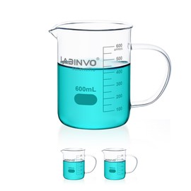 LABINVO Glass Beaker with Handle, Vol. 600ml, 3.3 Borosilicate Griffin Low Form with Printed Graduation,Pack of 2,IN-BKLH600A