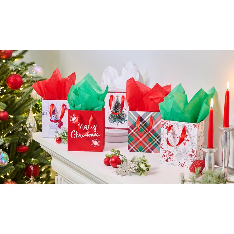 American Greetings Small Christmas Gift Bags, Red, White and Green