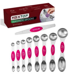 Magnetic Measuring Spoons Set of 9 Stainless Steel Dual-Sided Stackable Measuring Spoon Nesting Teaspoons Measuring Dry and Liquid Ingredients, Fits in Spice Jars Set of 9 (Pink)