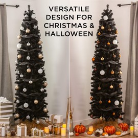 Best Choice Products 12ft Black Artificial Holiday Christmas Pencil Tree for Home, Office, Party Decoration w/ 1,800 Tips, Metal Hinges & Base
