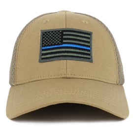 Armycrew USA Flag Thin Blue Line Tactical Embroidered Patch Air Mesh Flex Cap - Khaki - L-XL