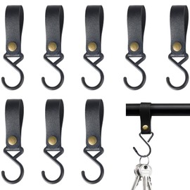 GVPOELR Pack of 8 Leather S Hooks, S Hooks with Leather Loop, Portable Camping Hanging Hook, S Shaped Hooks, Metal S Shaped Hooks for Hanging, for Travel, Camping, Home, Black
