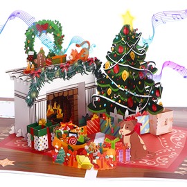 Ribbli Christmas Card, Light and Musical Christmas Cards, Fireplace Pop Up Christmas Card, 3D Merry Christmas Card, with Envelope