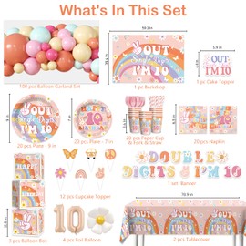 cocomigo 242 PCS 10th Birthday Decorations for Girl, All-in-1 Supplies Pack, Includes 20 Out Single Digits Party Tableware set, Backdrop and Balloons for 10 Year Old Girl Birthday Decorations
