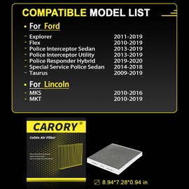 CARORY Cabin Air Filter w/Activated Carbon for Select 2009-2019 Ford, Lincoln Models - Explorer, Flex, Police Interceptor Sedan/Utility, Police Responder Hybrid,Taurus, MKS, MKT, and More, FP-68