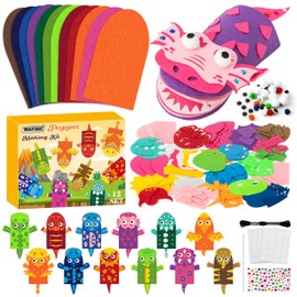 WATINC 12 Pcs Hand Puppet Making Kit, Art Craft Felt Sock Puppet Toys, Creative DIY Make Your Own Pompoms Wiggle Googly Eyes Storytelling Role Play Party Supplies Gift for Girls Boys (Dinosaurs)