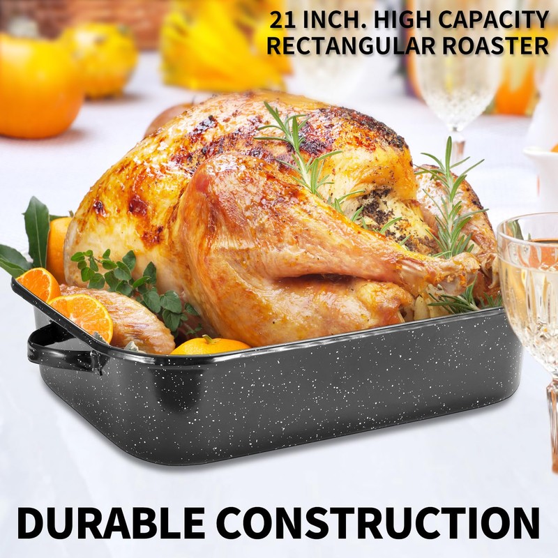 QPMR Roasting Pan with Rack, 21” Rectangular Granite Roaster Pan,