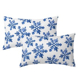 Blue Snow Flakes Winter Lumbar Pillow Covers 12X20 Inch Set of 2 Falling Snowflakes Crystal Christmas White Pillow Cases Xmas Holiday Pillowcase Rustic Cushion Case for Couch Sofa Porch Outdoor