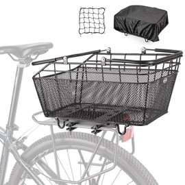 Rear Bike Basket with Handle - Quick Release Bicycle Rear Basket with Cargo Net and Waterproof Cover, Wire Bike Baskets Rear Large Capacity (Wire Bike Basket)