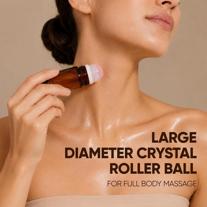 50ML Rose Quartz Roller Bottle for Castor Oil, Amber Glass